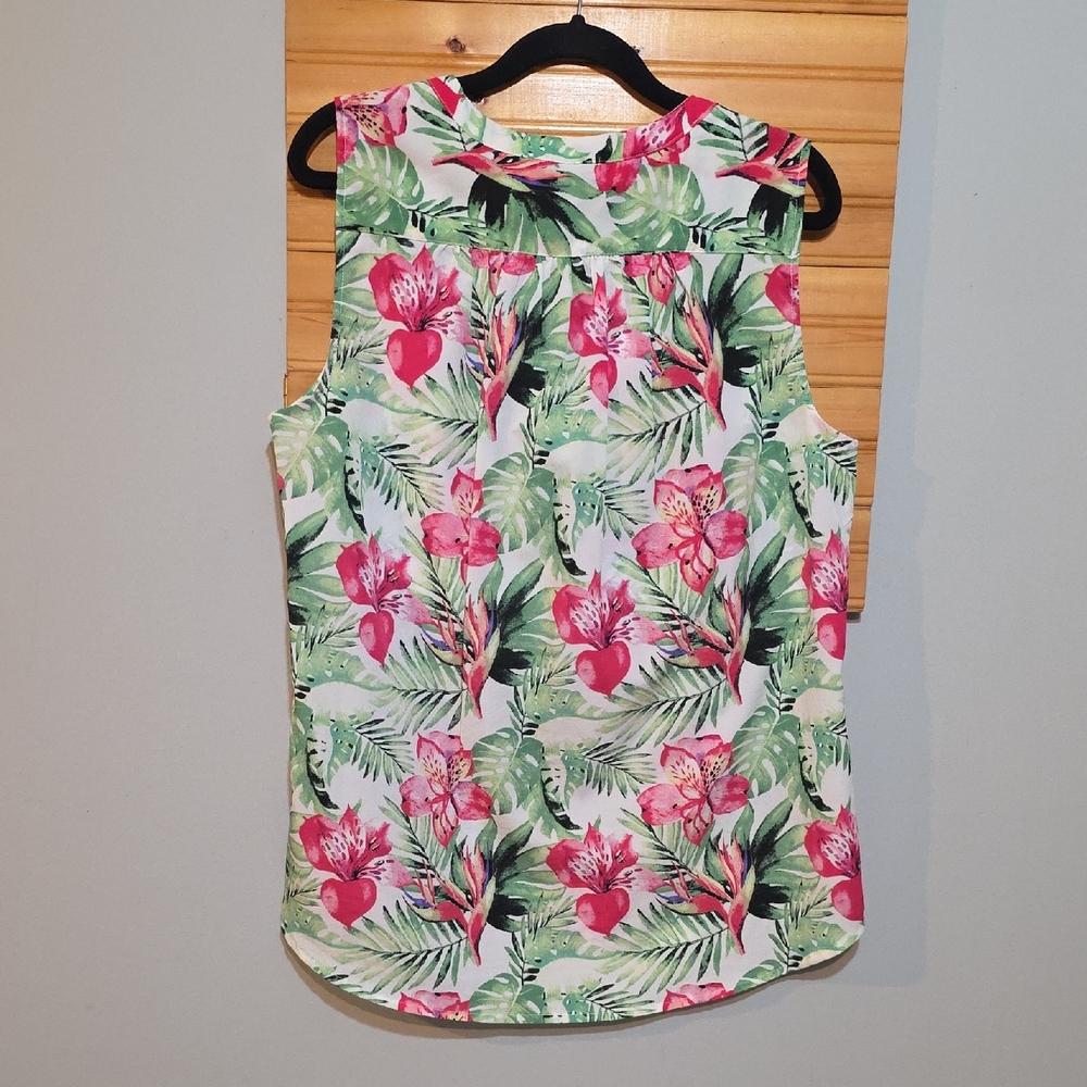 Dalia Tropical Floral Sleeveless Top Women's 10/12 Pink Green Resort EUC - Picture 6 of 7